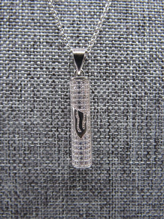 Sterling Silver Cubic Zirconia Accent Shin Mezuzah Pendant Necklace
