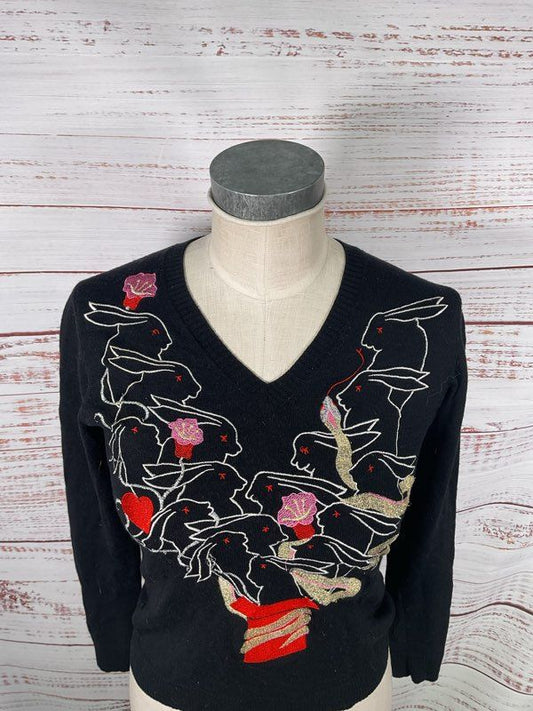 Mala Brajkovic Women's Rabbits out of the Hat Embroidered Wool Sweater Size 10