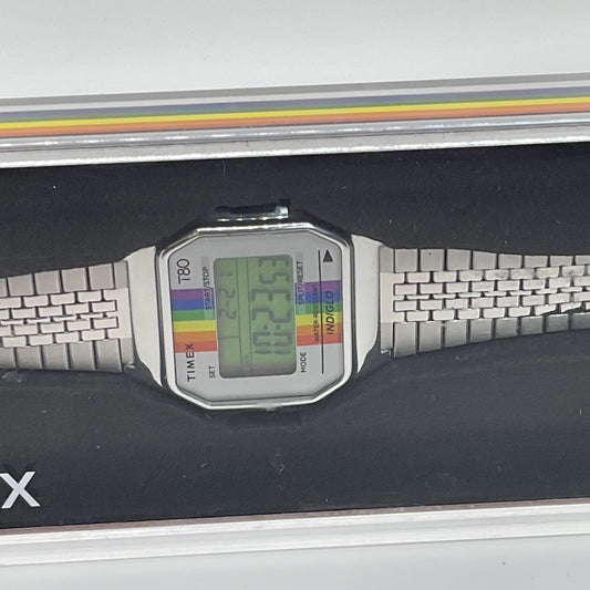 NEW TIMEX T80 Pride Rainbow Stainless Steel Digital Indiglo Watch