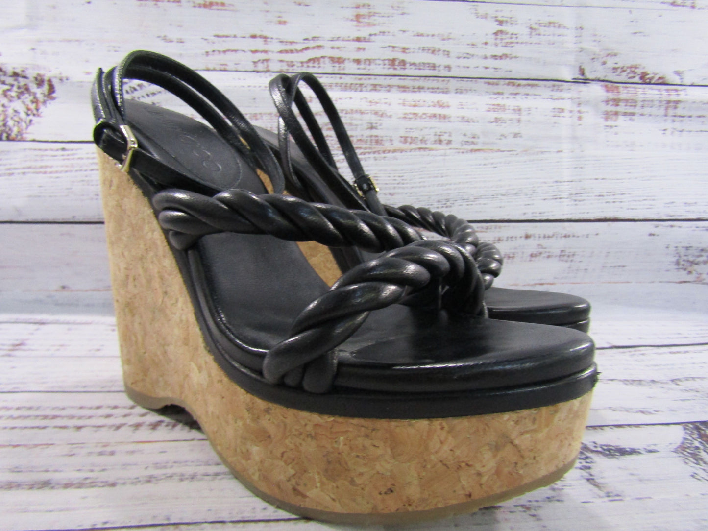 Jimmy Choo Diosa Women's Black Leather Espadrille Wedge Sandals Made in Spain
