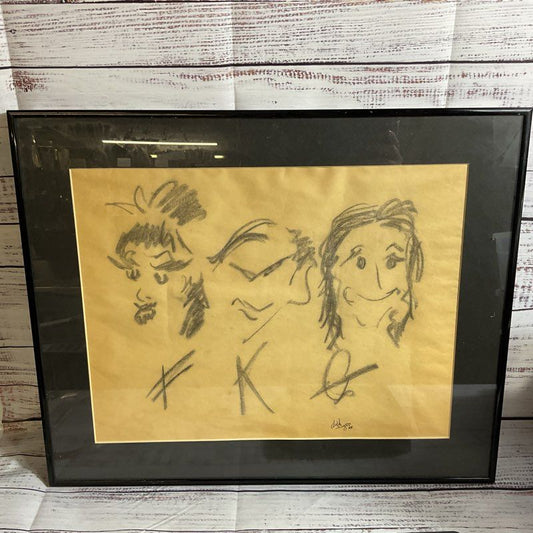 Signed VTG. DAVID SINGER? Expressionist Charcoal Sketch- FRAMED 16" X20"