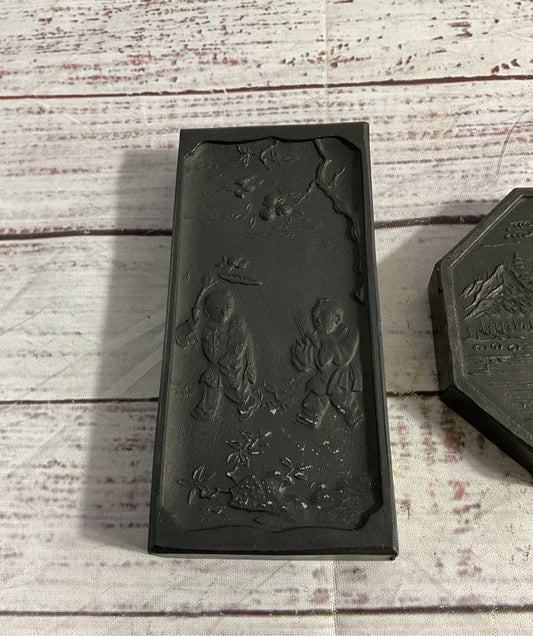 Vintage Set Of 3 Chinese Ink Stones With Art
