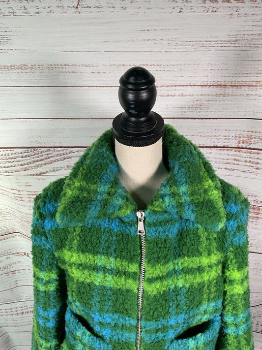 Apparis Women's Zip Up Green Blue Faux Fur Fluffy Jacket Size XS