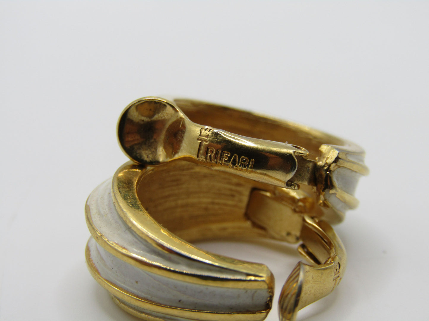 Vintage Crown Trifari Gold Plated Enamel Clip-On Hoop Earrings