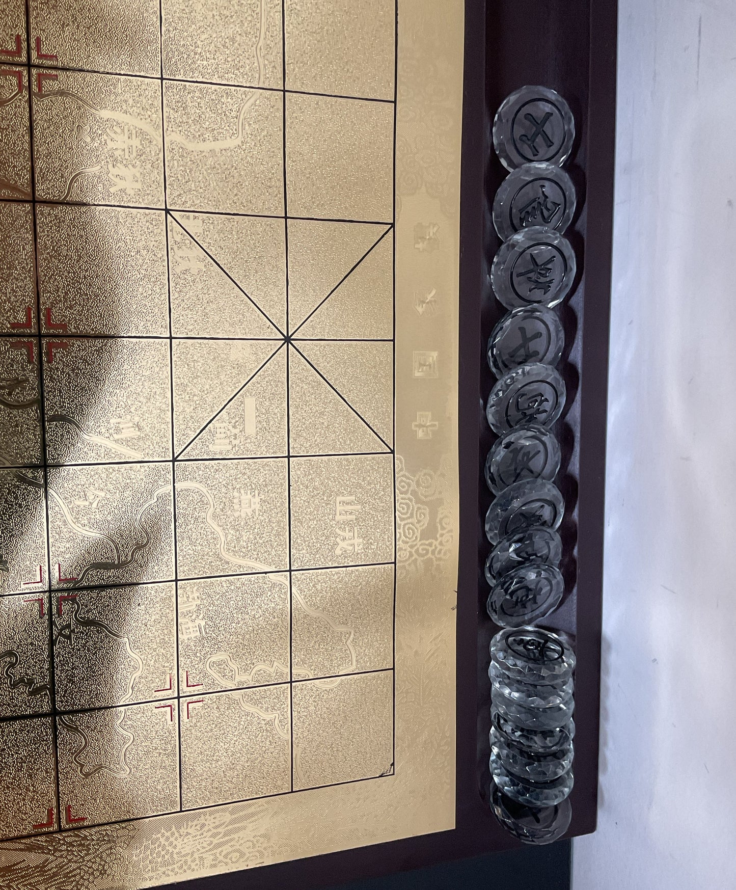 Etched Glass Xiangqi Chinese Chess Set With Mahogany Wood Case