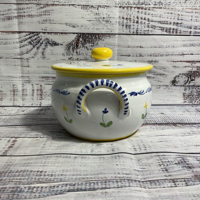 Sigma Hand Painted Italian Ceramic Floral Two Handled Serving Bowl w/ Lid