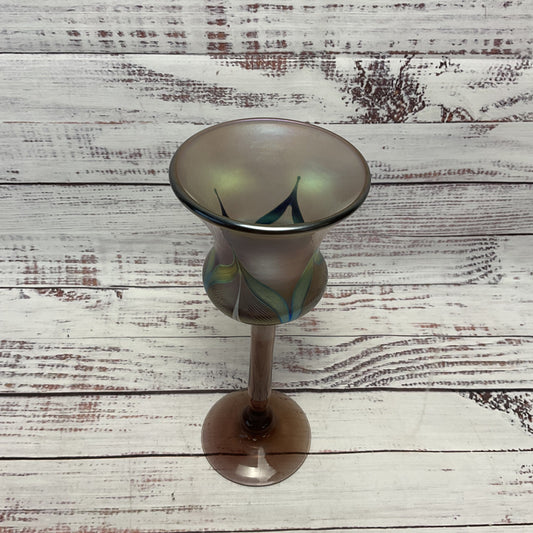 Stuart Abelman Signed Iridescent Pulled Feather Art Glass 9" Goblet 1980