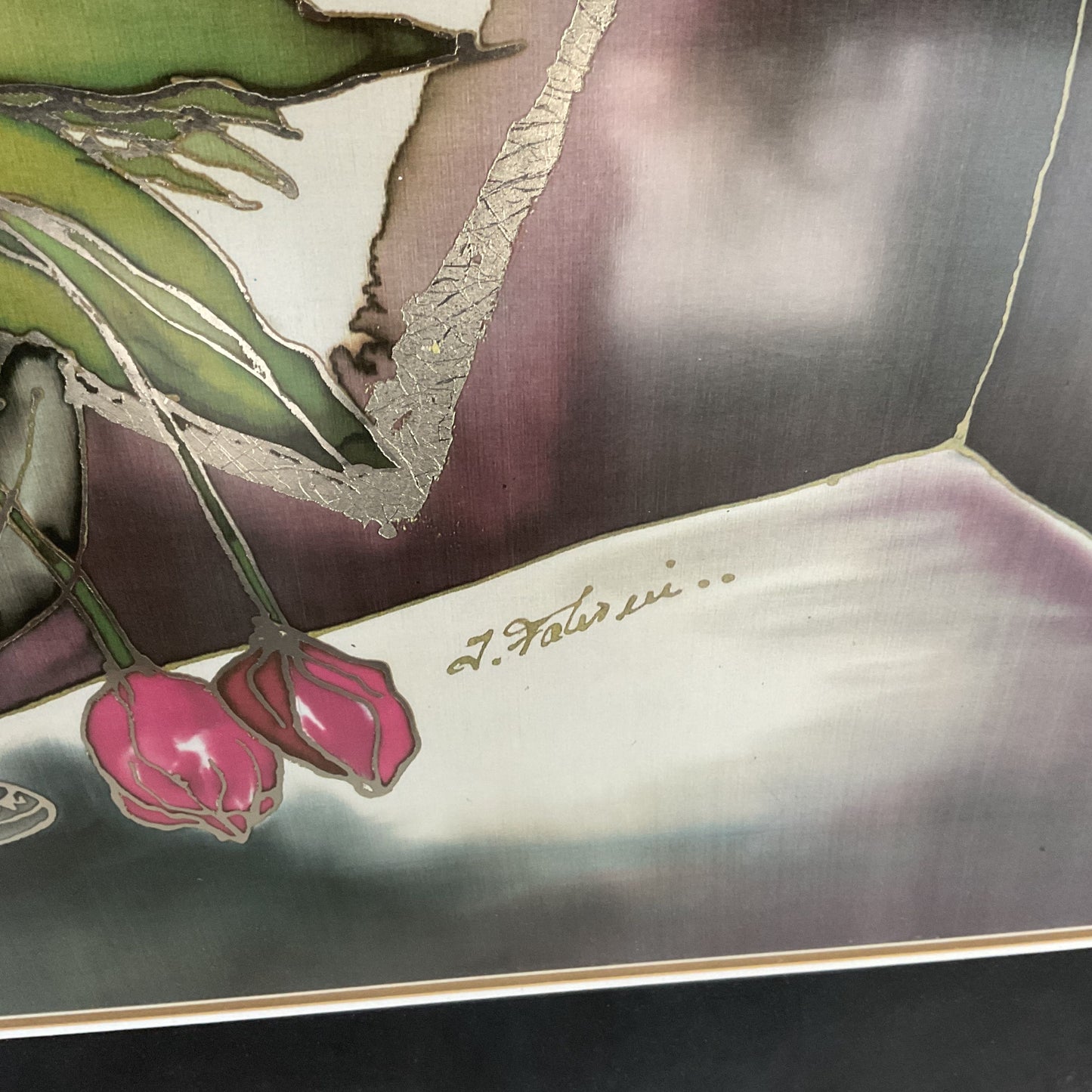 Flowers Inside Teapot Metallic Silver Outline Print Signed by Falusi