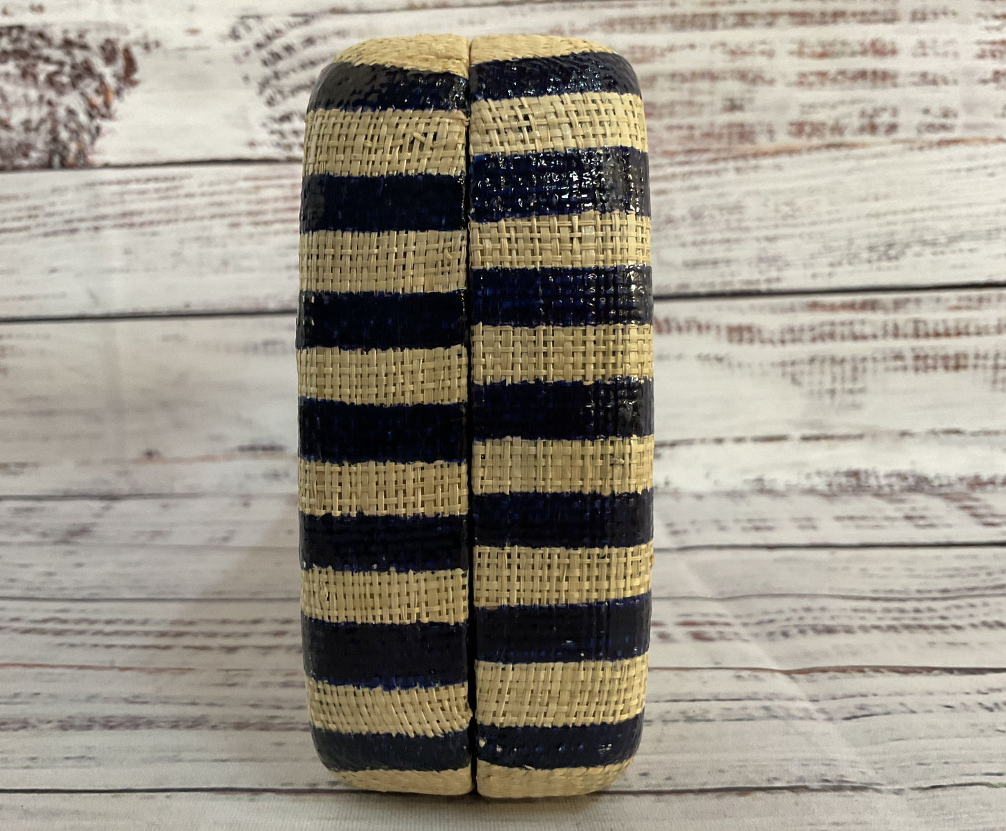 Kayu Vera Women's Beige Blue Striped Raffia Clutch Evening Bag MISSING LEMON