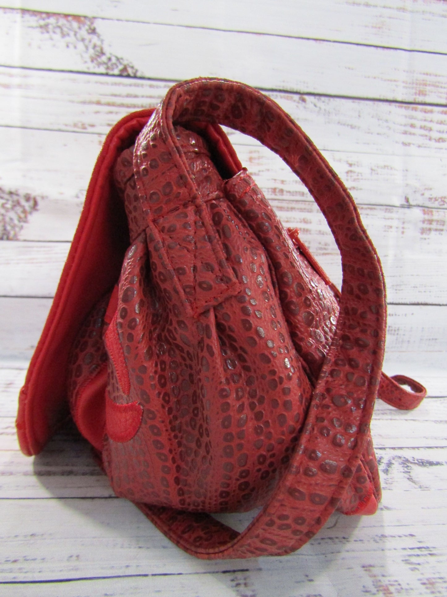 Vintage 1980's NAS Women's Red Leather Multi Print Shoulder Bag