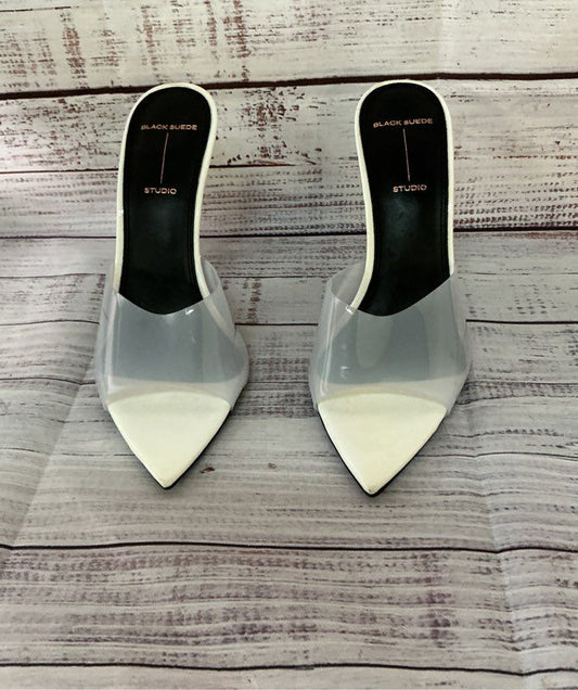 Women's Black Suede Studio Ivory Mules w/ clear strap Sz 39 US 8.5 Retail $348