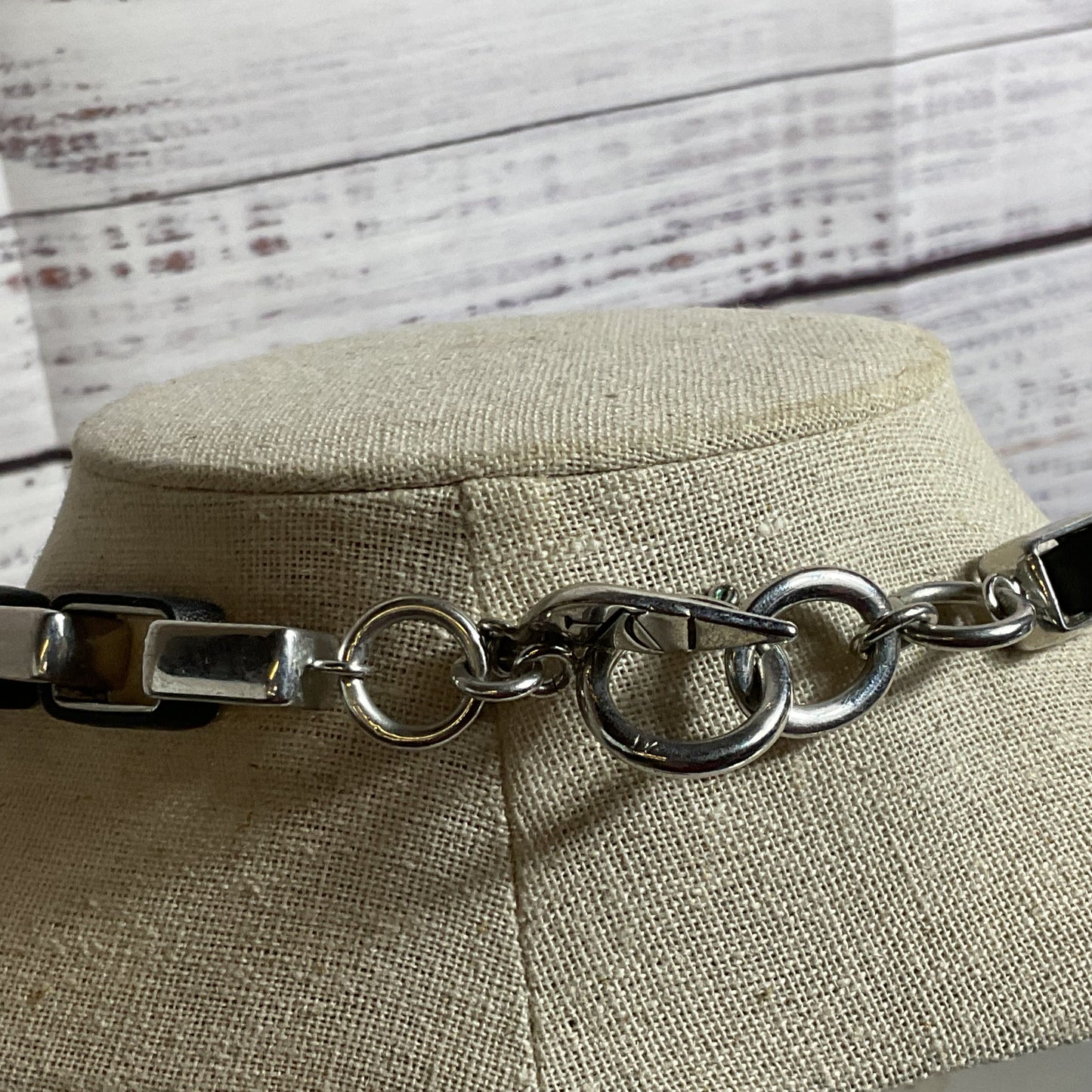 DIANE VON FURSTENBERG Silver Tone & Black Leather Wrapped Link Necklace- 20.5"