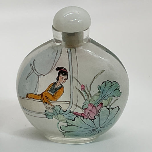 VTG./ANTIQUE Chinese Inside Reverse Painted Glass Snuff Bottle with Box- 2.5"