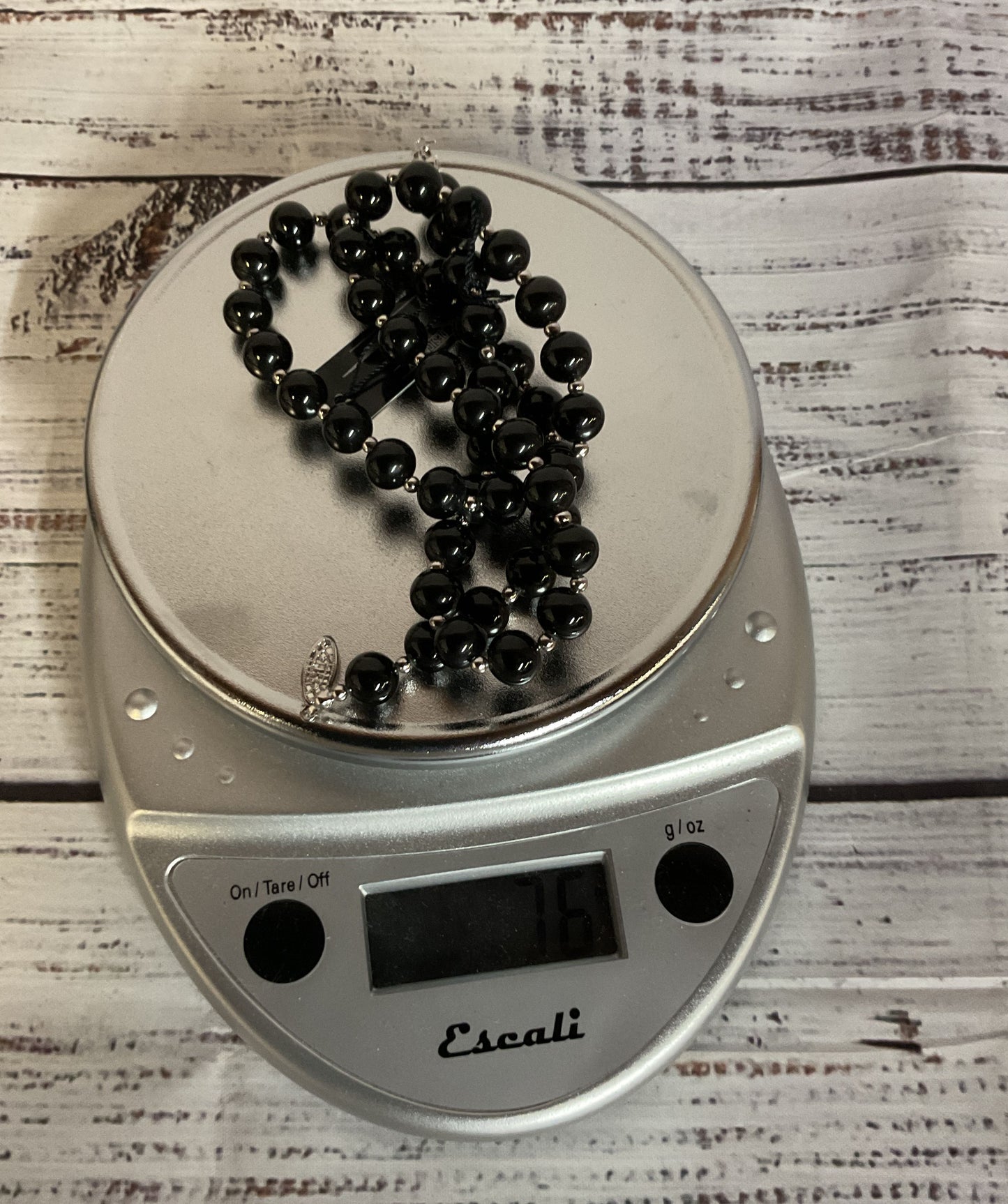 Faux Black Onyx Glass Beads Silver Clasp Necklace Made in Japan