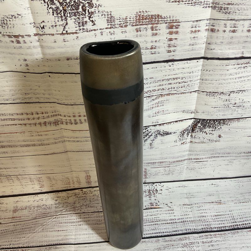 Signed VTG. ADAM AARONSON Studio Glass Metallic Gun Gray Tube Vase- 13.5"