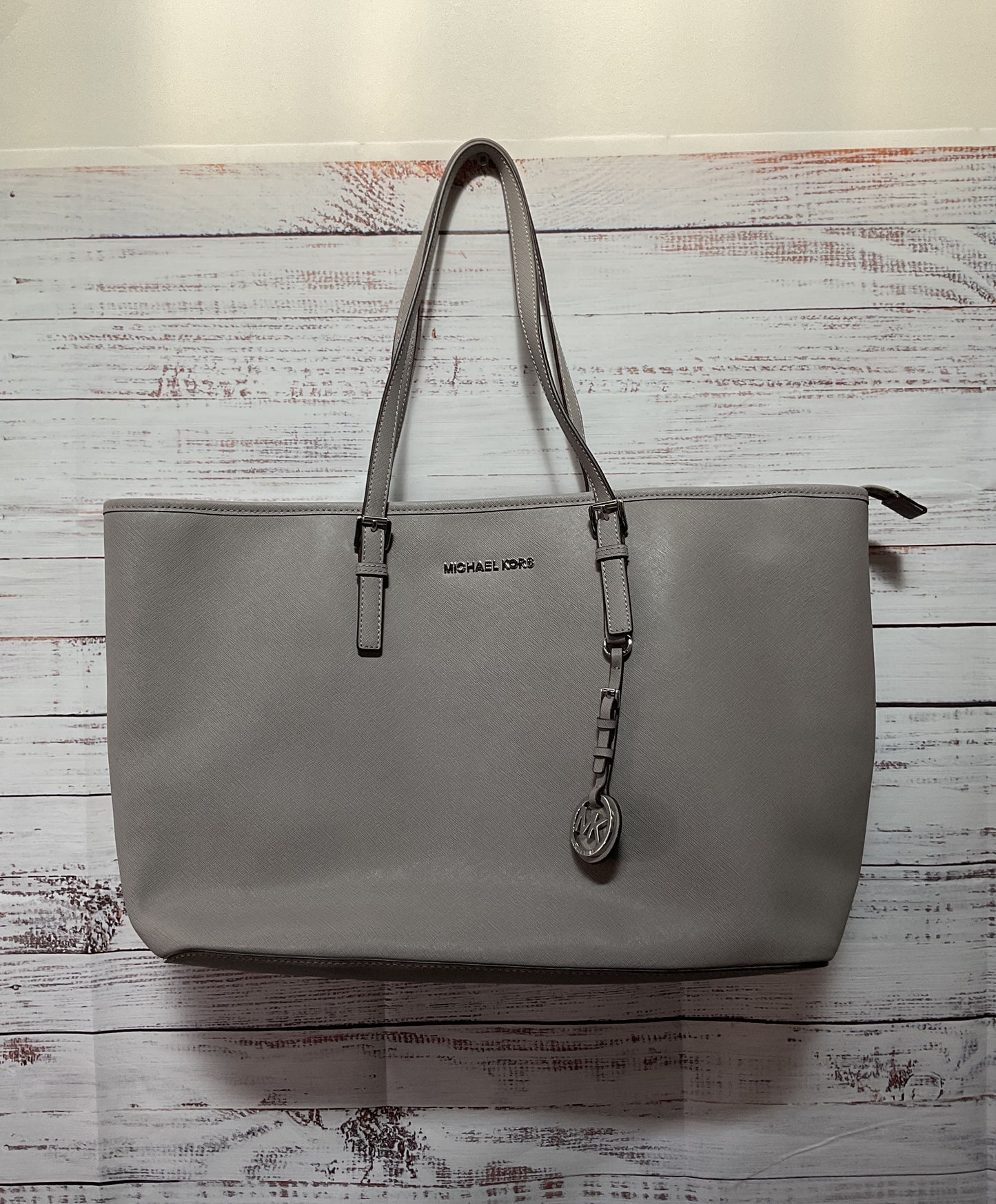 Michael Kors Saffiano Leather Jet Set Shoulder Tote Bag Gray
