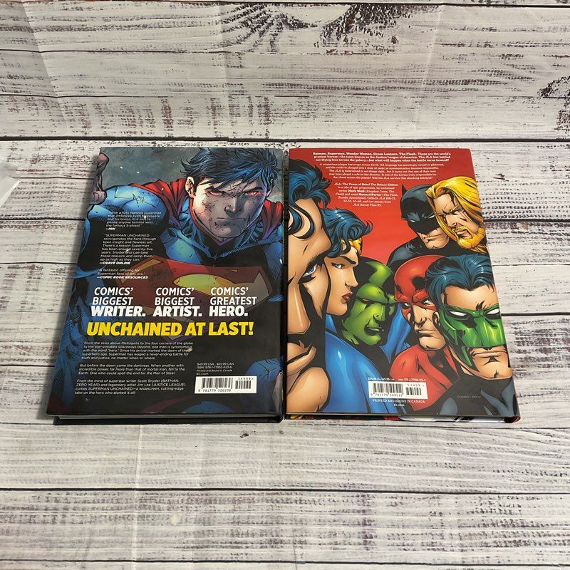 Lot Of 2 Deluxe Hardcover Comics Superman Unchained New 52, JLA Tower Of Babel