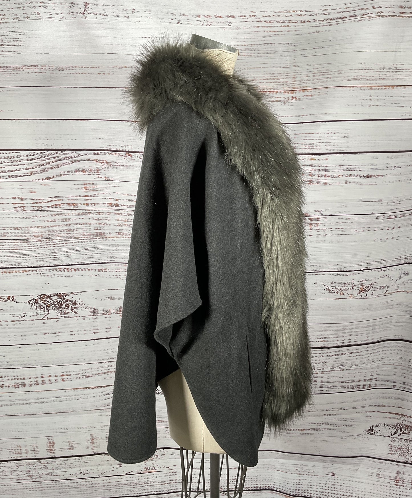 Love Token Charcoal 95% Polyester Faux Fur Lined Poncho - Size Small NWT