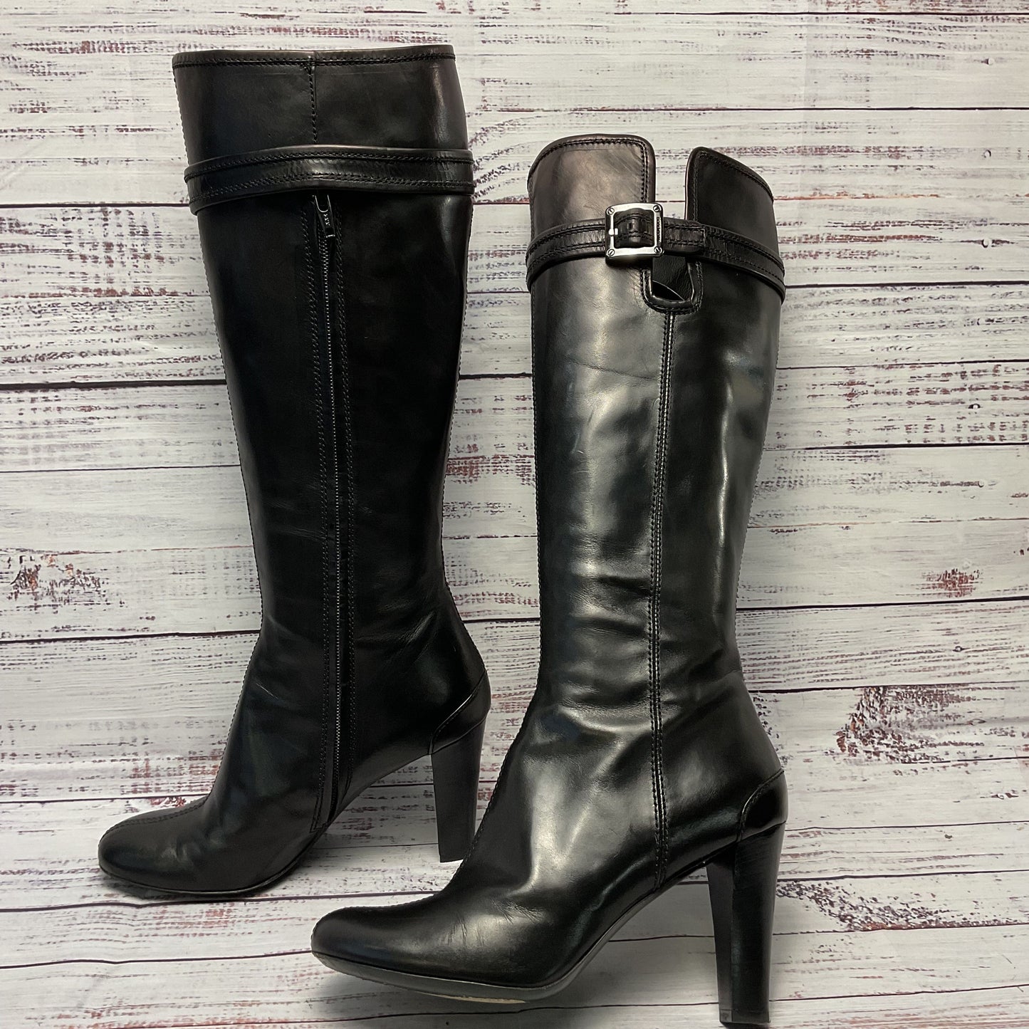 Hugo Boss Black Leather Side Zip Knee High Tall Boot Heel Women 6.5