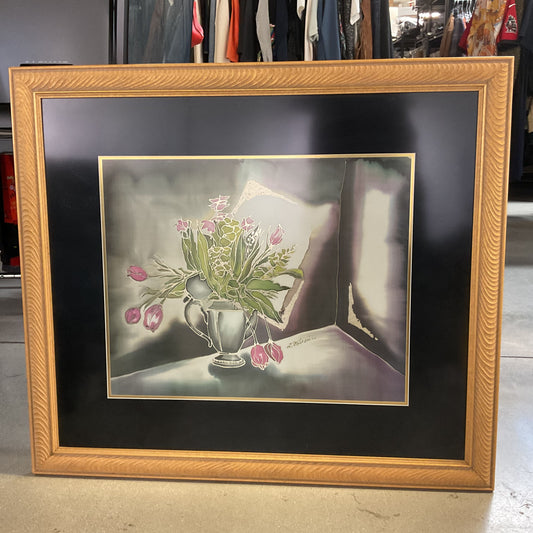 Flowers Inside Teapot Metallic Silver Outline Print Signed by Falusi