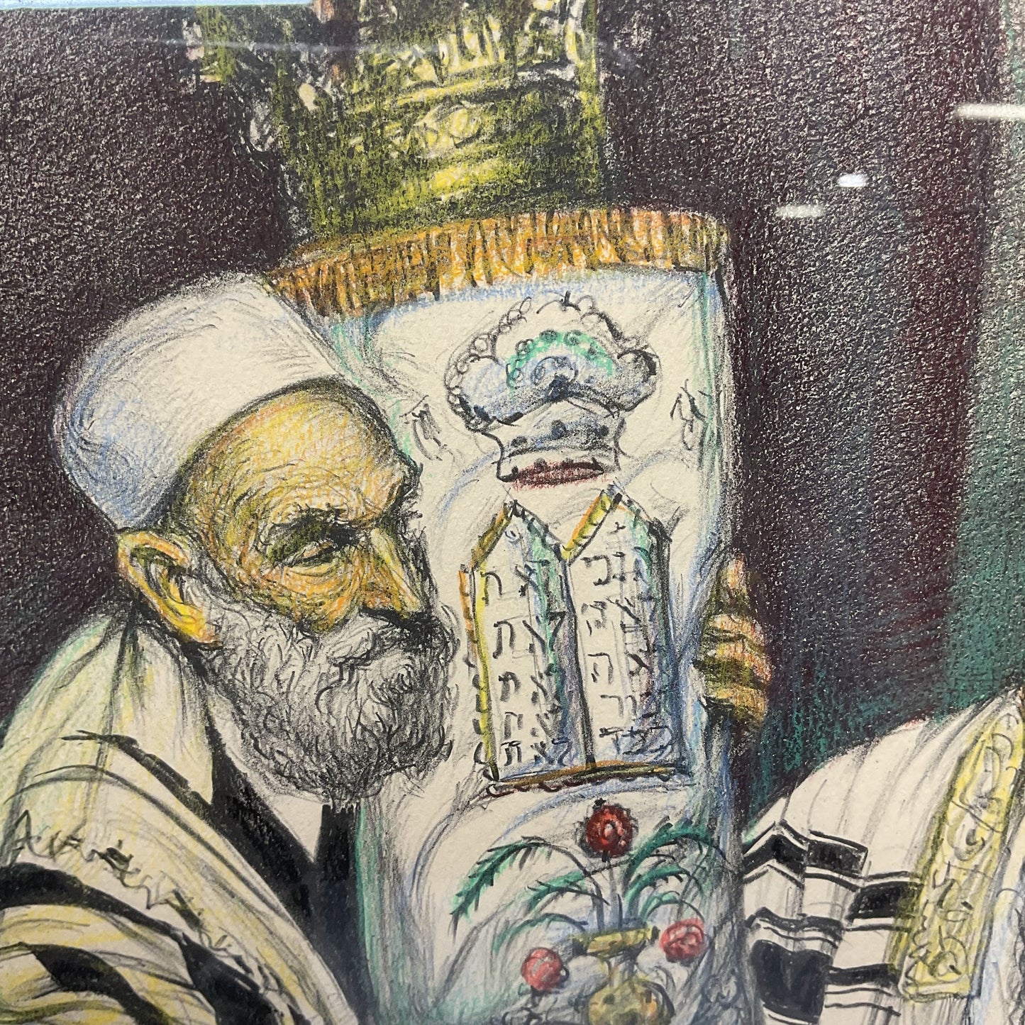 Saul Rabino "Solemn Prayer" Rabbis Hand Colored Lithograph Signed