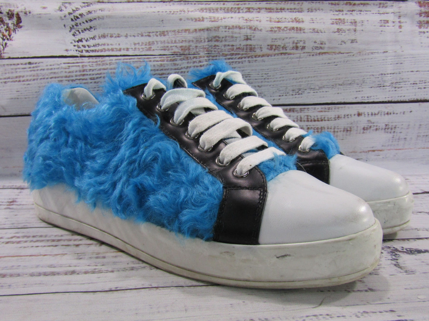 Prada Frankenstein Women's Faux Fur Leather Low Top Sneakers Made in Italy