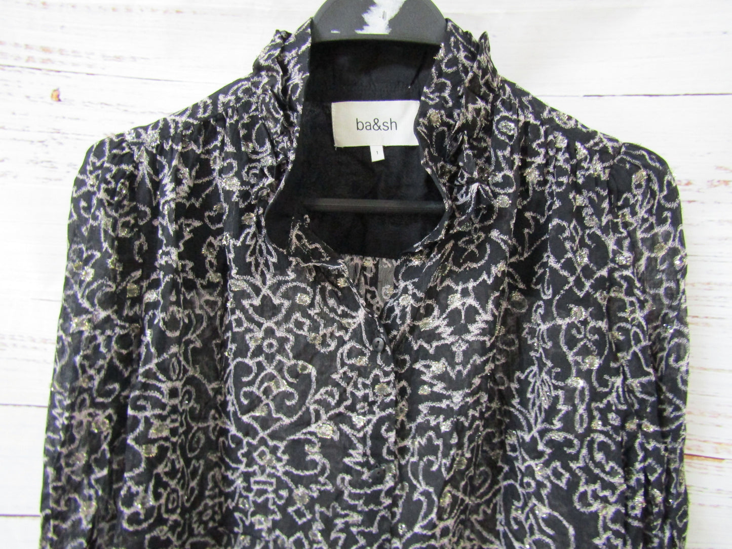 Ba&sh Amelia Women's Black Floral Metallic Embroidered Long Sleeve Blouse Size 1