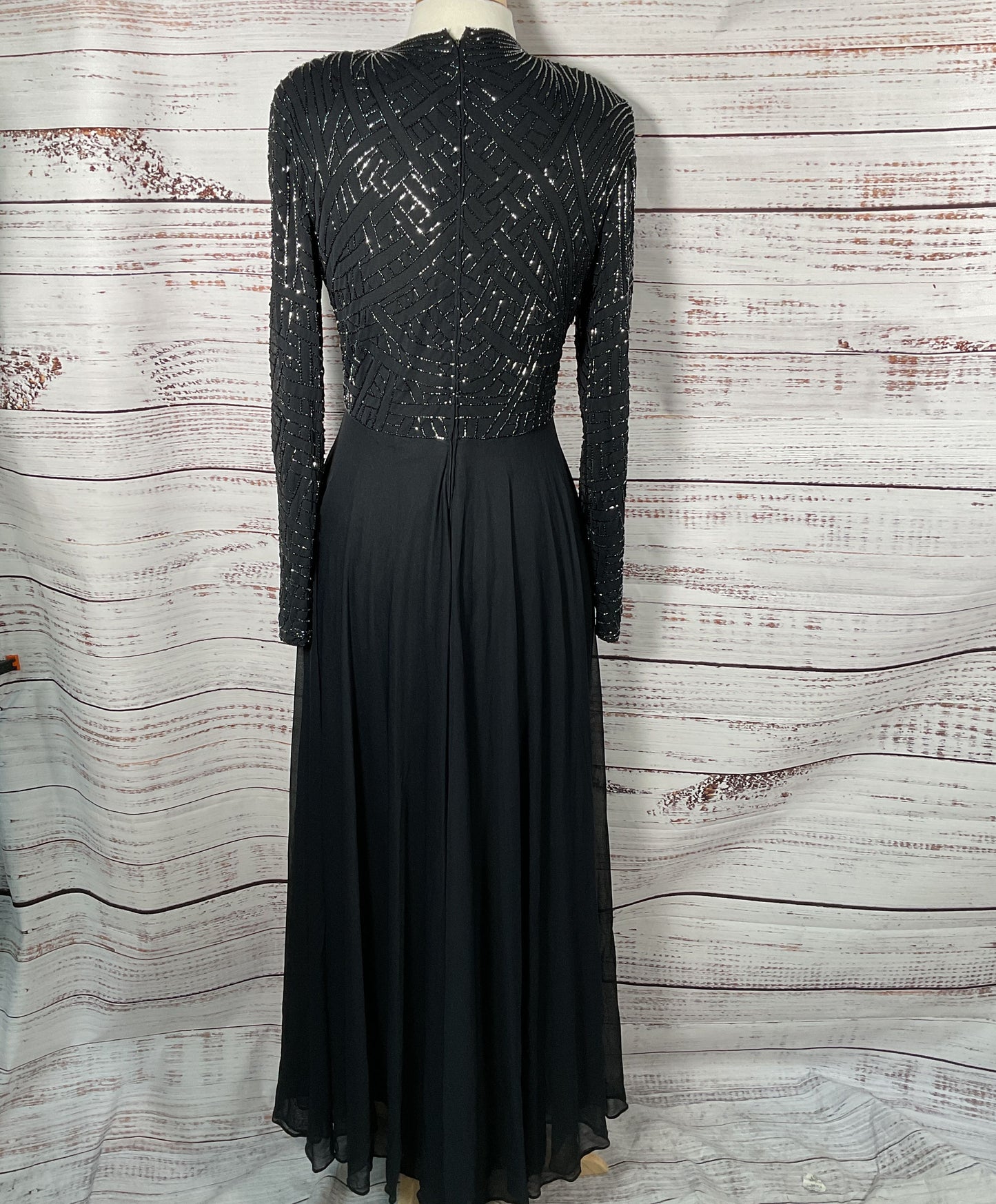 Victoria Vintage Beaded Long Sleeve Gown Black 14