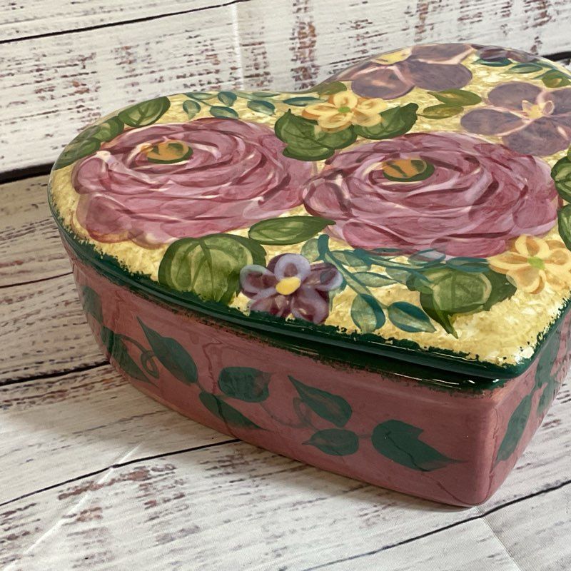 LESAL Ceramics Handcrafted Floral Heart Trinket Box- 7"