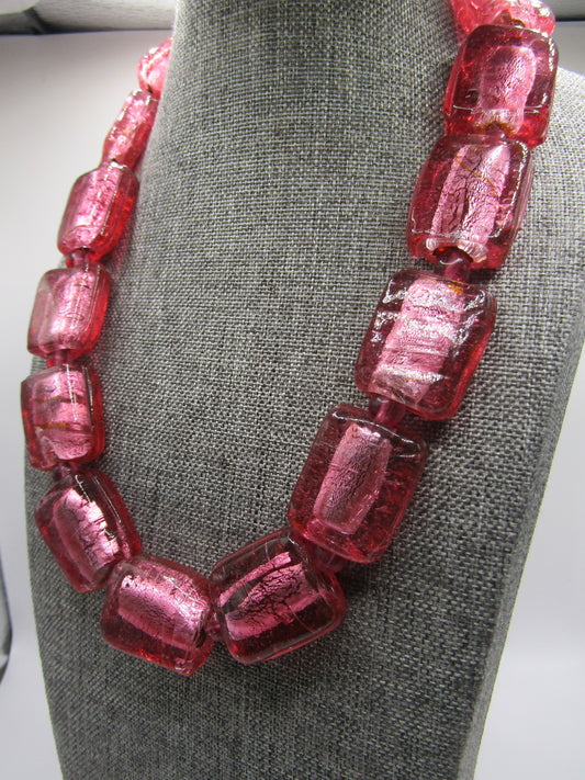 Vintage Artisan Handcrafted Silver Fleck Pink Glass Necklace