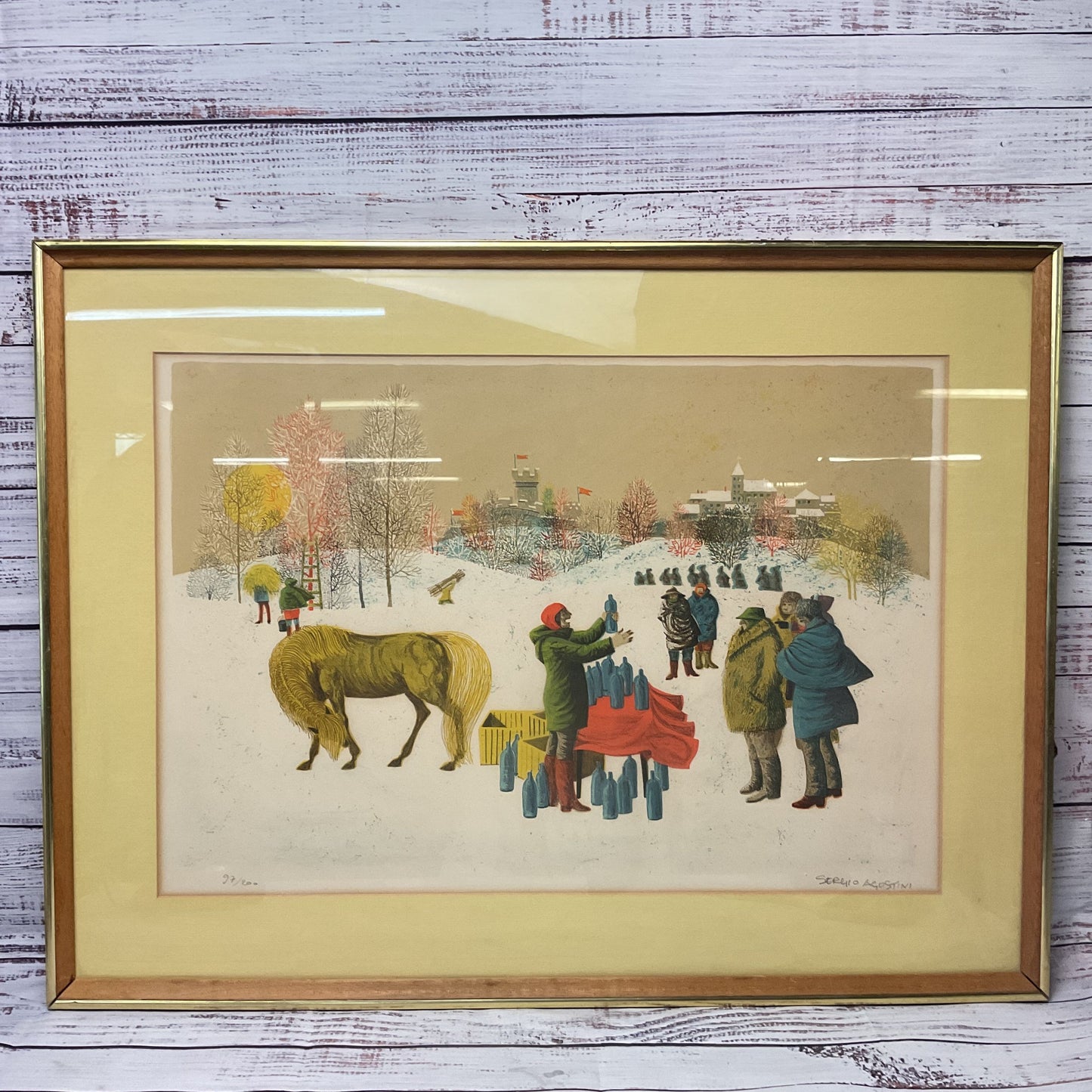 Sergio Agostini Woman Selling Drink Bottles In Snow Print Litho Signed 97/200