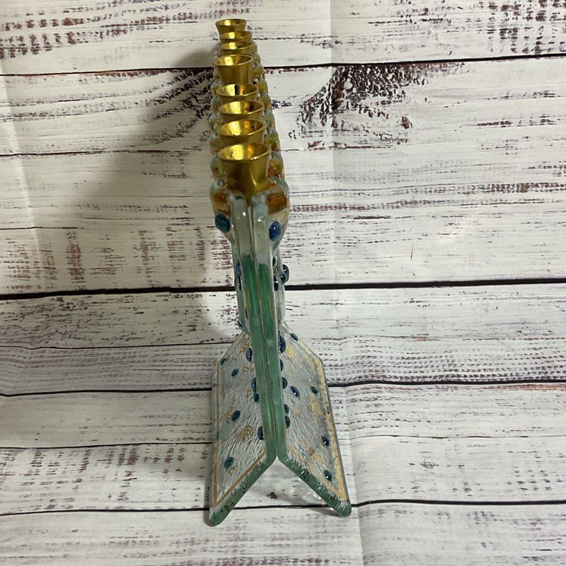 Judaica Art Glass Menorah with Brass- 8.25" x 11"
