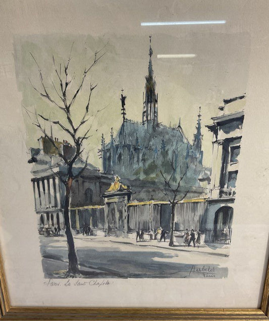 Vintage Herbelot Framed Matted SIGNED Watercolor Lithograph Cathedral In Paris