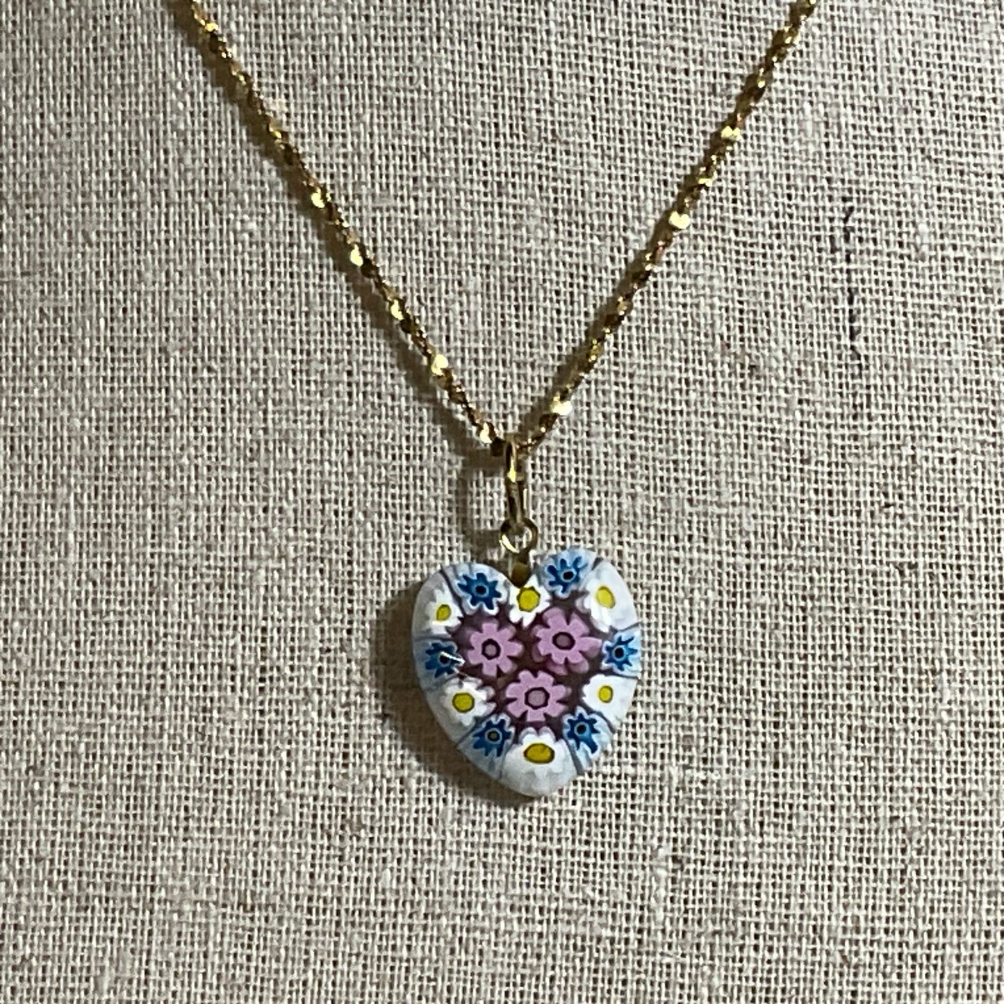14K Yellow Gold & Millefiori Heart Pendant 16" Chain Necklace- 6.42g