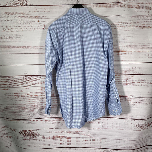 Neiman Marcus Trim Fit Light Blue Navy Blue Grid Pattern Dress Shirt 16 34/35
