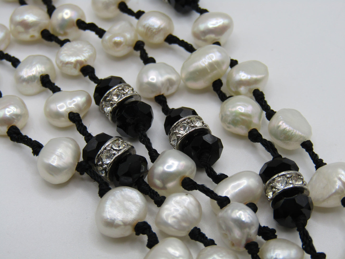 16 1/4" Multi Strand Freshwater Baroque Pearl Onyx Rhinestone Necklace