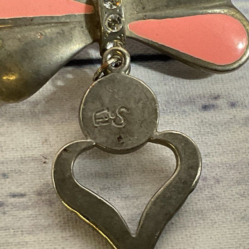 Signed VTG. ES Silver Tone & Enamel Bow & Heart Brooch- 2"