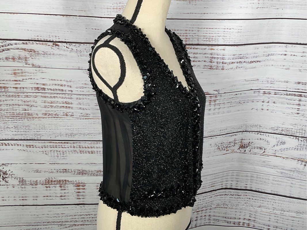 EVA CHUN Women's Black Silk Heavy Beaded Sleeveless Blouse- SZ S