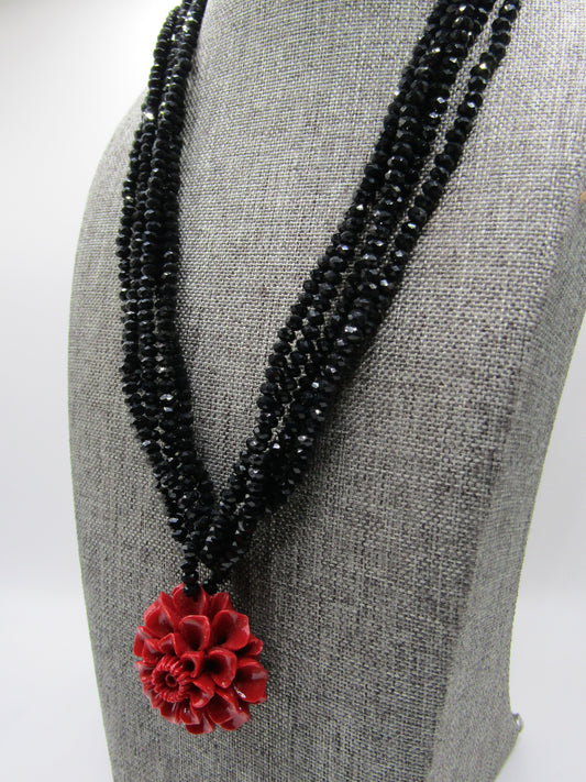 Handcrafted Multi-Strand Faceted Black Rhinestone Floral Carved Resin Necklace