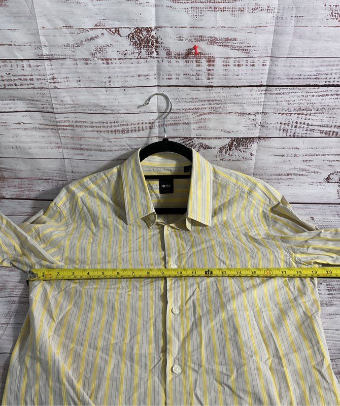 Hugo Boss Slim Fit Yellow & Gray Striped Long Sleeve Button Shirt Size M