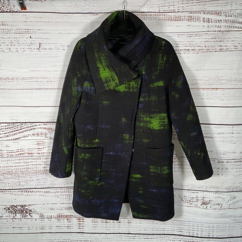 Elie Tahari Black/Blue/Green Wool Blend Patterned Coat - Size S