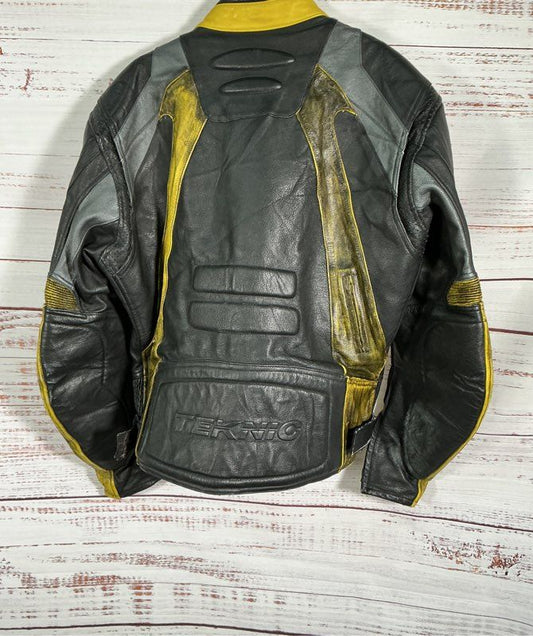 Men's Teknic Black/ yellow Leather Motorcycle Jacket Size 44/L AS IS