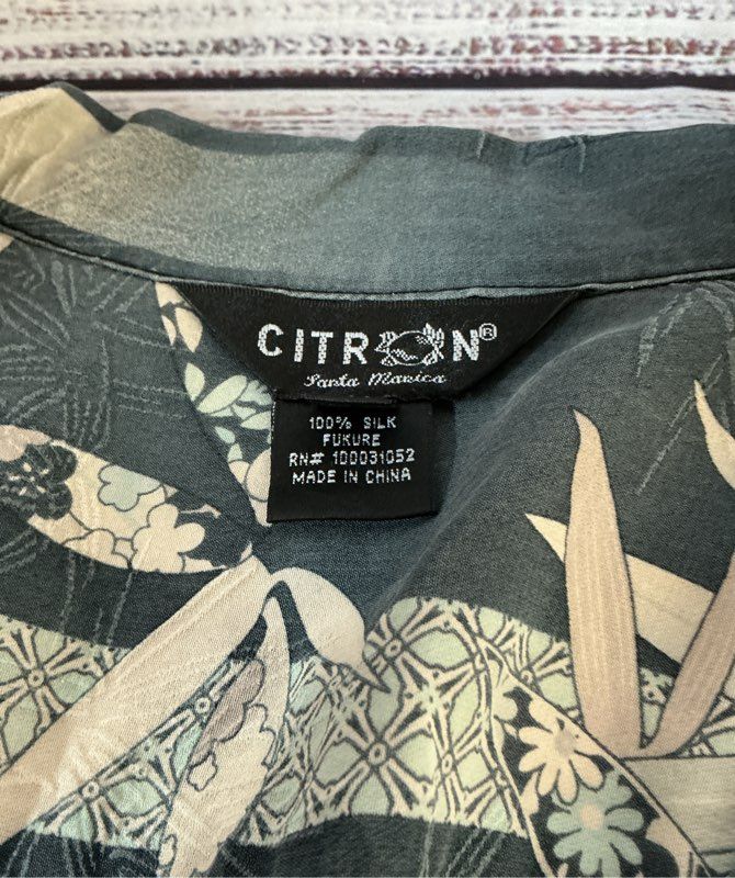 Women's Citron Bluegray Print Silk Short Sleeve Blouse Size 1X