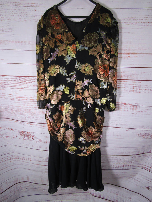 Vintage Judy Hornby Women's Black Multi-Color Floral Long Sleeve Dress Size 14