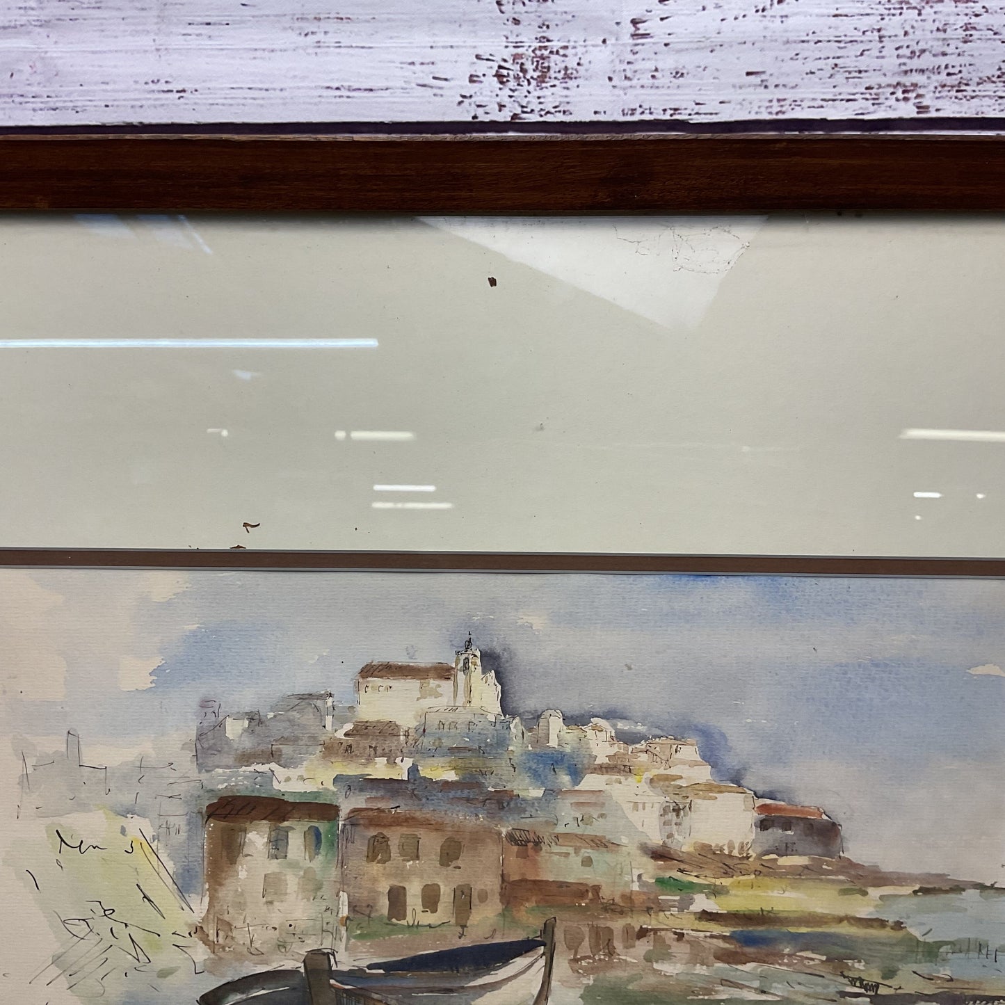 Boats Town By the Sea Church On The Hill Watercolor by G. Pimenta?