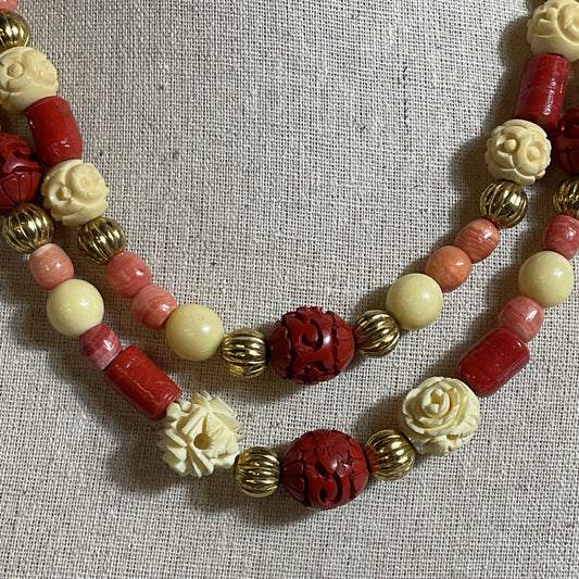 Red Coral, Cinnabar & Pink/White Gemstone Beaded 2 Strand Necklace- 20"