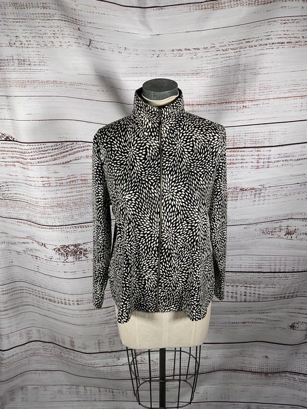 Misook Women's Black & White Floral Print Polyester Blend Full Zip Jacket Sz L