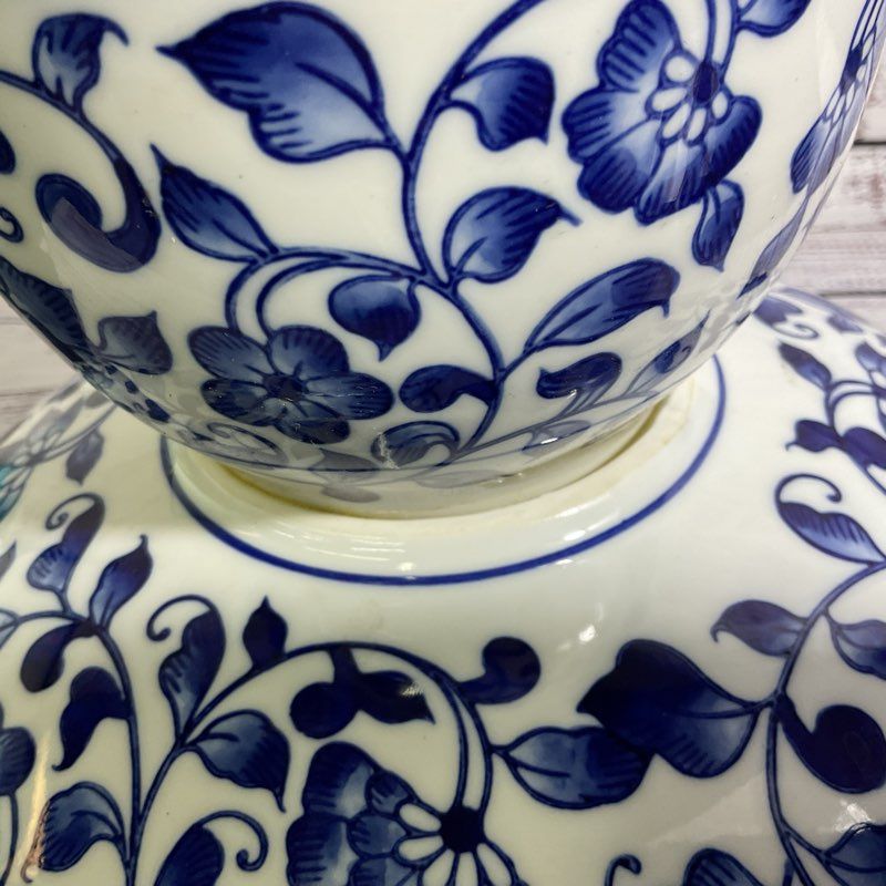 VTG. BOMBAY Blue White Pierced Pedestal Bowl- 8" x 11"