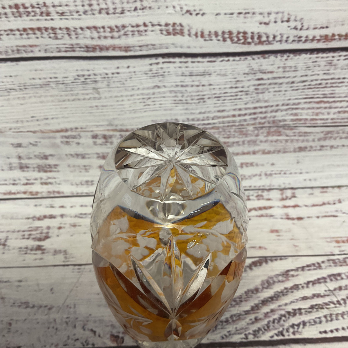Vintage Hand Cut Lead Crystal Clear Amber Glass Flower Poland 5" Small Vase