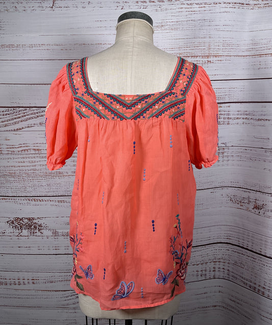 Johnny Was Aimee Puff Sleeve Floral Embroidered Top Orange S